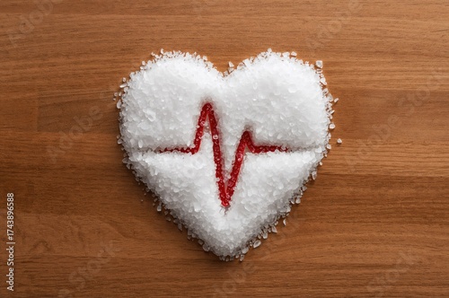 Heart-shaped salt with EKG line inside encouraging reduced salt consumption for cardiovascular wellness and blood pressure control on wooden surface