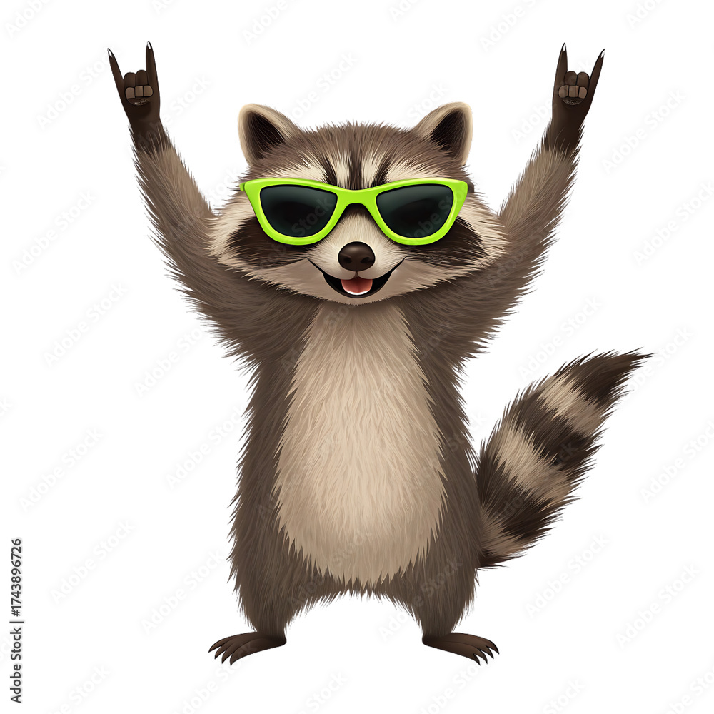 Fototapeta premium Cool raccoon wearing sunglasses giving rock on hand gesture fun