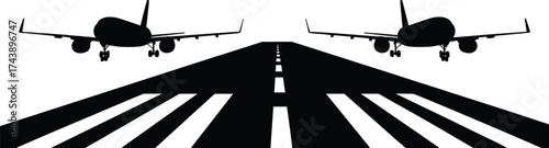 Airplane silhouette landing on runway, aviation transportation illustration, airport runway perspective view, aircraft approach design, travel and flight concept vector, black and white graphic