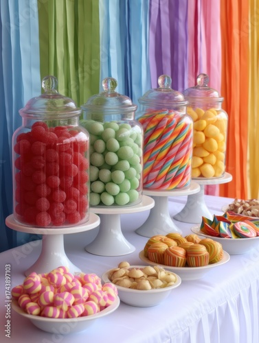  colorful candy display featuring jars filled with various sweets, set against a vibrant backdrop of streamers.