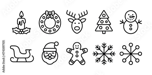 Christmas holiday line icons decoration santa snowman reindeer tree festive vector
