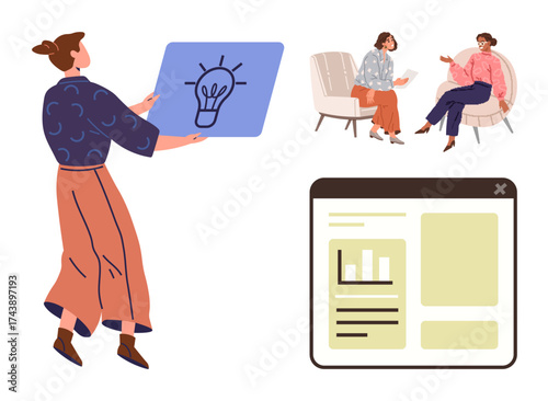 Professional collaboration with a woman presenting a bright idea, casual conversation between colleagues, and a webpage featuring statistics. Ideal for teamwork, planning, creativity, innovation