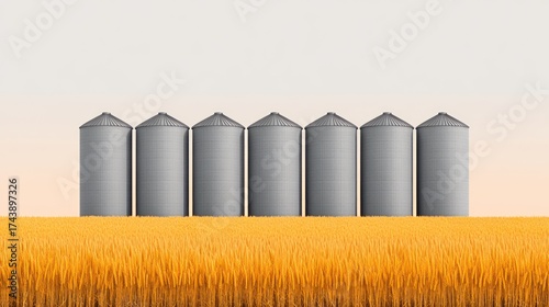 Seven Grain Silos in a Golden Wheat Field