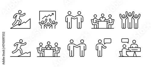 Teamwork office line icons meeting success communication leadership business group vector