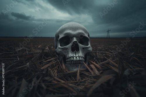 Dark, lifelike image of a skull resting on dry grass in an open field created by AI.