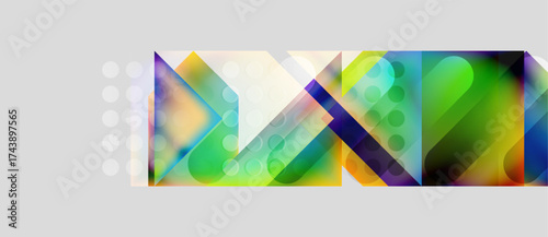 Abstract colorful design features overlapping shapes, gradients, circles. Modern aesthetic, vibrant hues create dynamic composition.