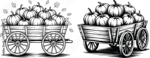 Pumpkin Wagon Illustration Set, Fall Harvest Cart Black and White Drawing.