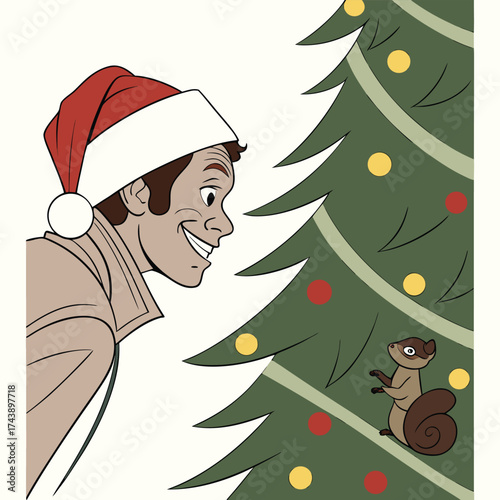 Animated man wearing Santa hat curiously observes squirrel nestled within adorned Christmas tree