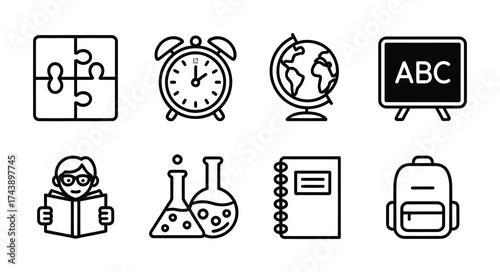 Education and school line icons learning study book teacher science backpack vector