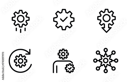 Settings gear and process line icons management configuration automation vector symbols