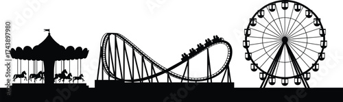 Amusement park silhouette with carousel, roller coaster, and Ferris wheel, fun fairground rides, family entertainment, carnival background, black and white vector illustration.