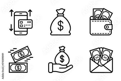 Finance banking bold icons dollar wallet card cash moneybag transaction economy vector