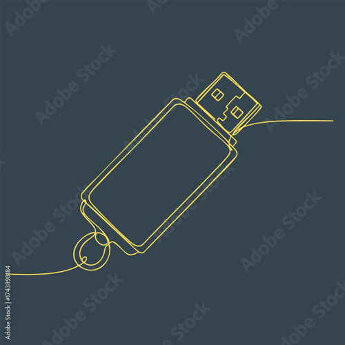 Minimalist line art of a USB flash drive with a keyring on a dark , emphasizing technology and digital storage concepts