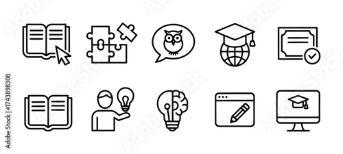 Education learning and knowledge line icons book school study online course university vector