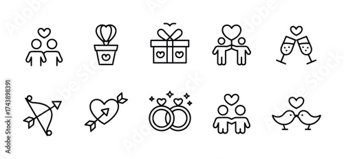Valentine love line icons set romantic couple gift heart wedding celebration outline symbols