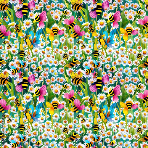 Surreal vibrant pattern of daisies, bees, and butterflies in garden  