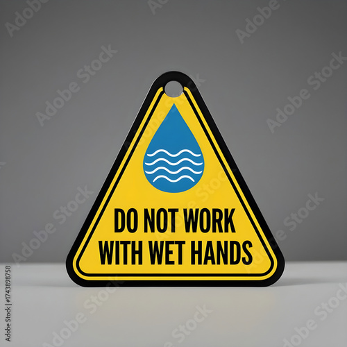 A safety warning tag with a prominent water drop icon and bold text reading.