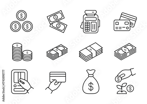 Money finance line icons set cash coins payment wallet dollar banking outline symbols