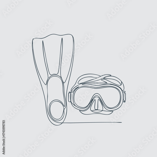 Diving equipment set including flippers and goggles designed for underwater exploration and recreational swimming activities