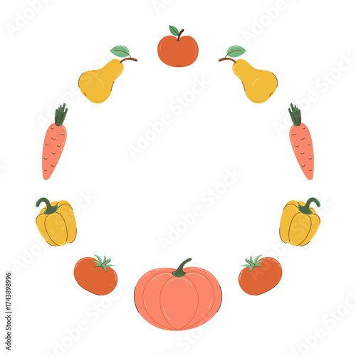 Round frame of red and orange vegetables and fruits in flat style with partial outline. Autumn and harvest concept. Vector illustration.