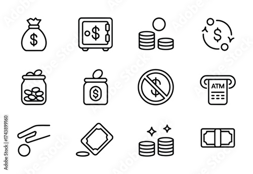 Money savings and banking line icon set with safe coins and atm machine