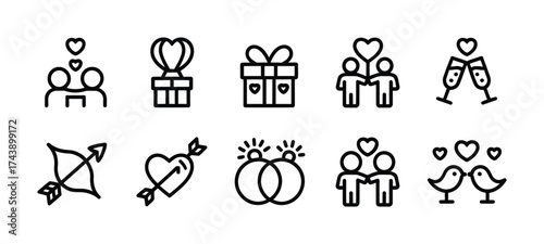 Love and wedding line icon collection with heart rings and romantic couple