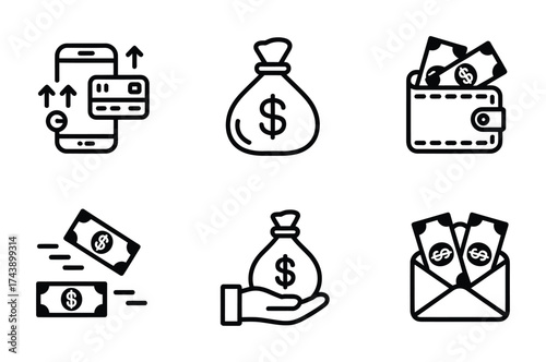 Financial transaction and payment line icon set with wallet cash and mobile banking symbols