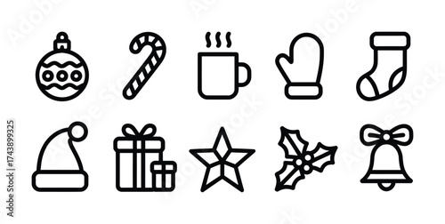 Christmas holiday line icon set with gift tree star and decoration symbols