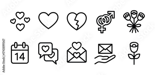 Valentine day line icon collection with heart letter and romantic love symbols