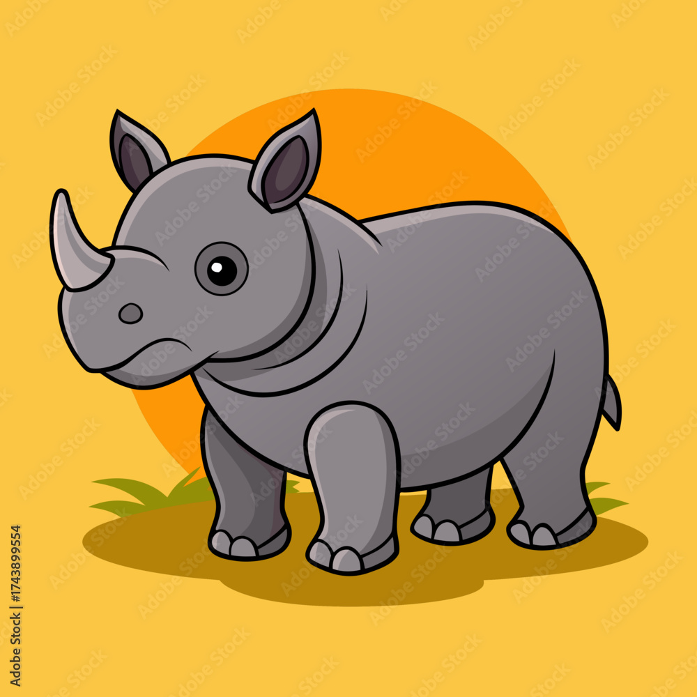 Fototapeta premium Cartoon rhinoceros standing on grassy field with sunset