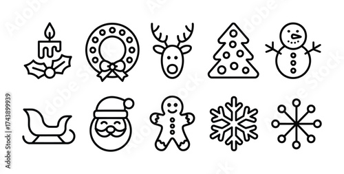 Christmas holiday line icon collection with Santa tree snowman and candle