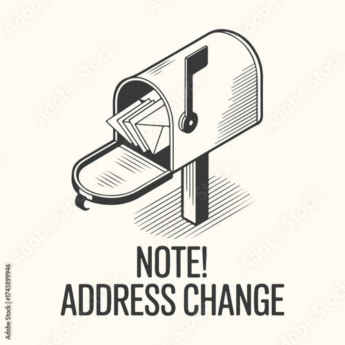 Vector art of retro isometric illustration of a mailbox overflowing with letters, with the text note address change below, conveying a message about updating contact information