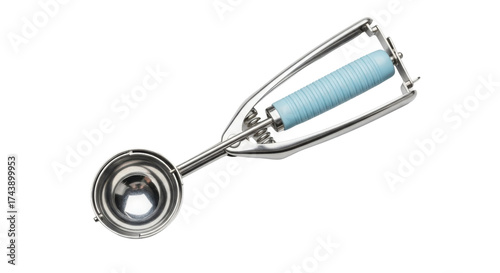 Metal ice cream scoop with blue handle on white background