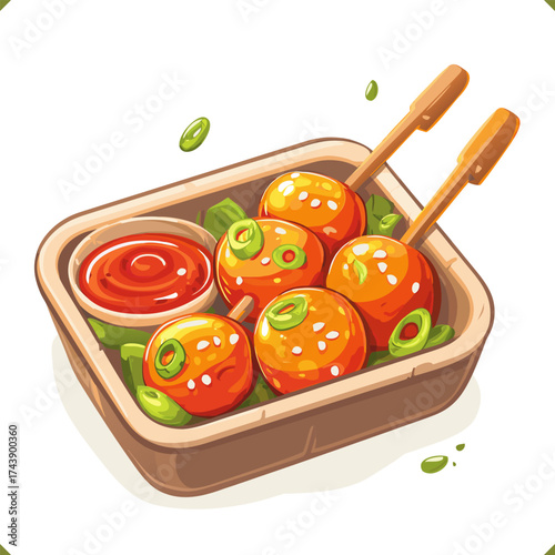 Vector illustration of Korean tteokbokki spicy rice cakes with sauce and garnish isolated on a white background