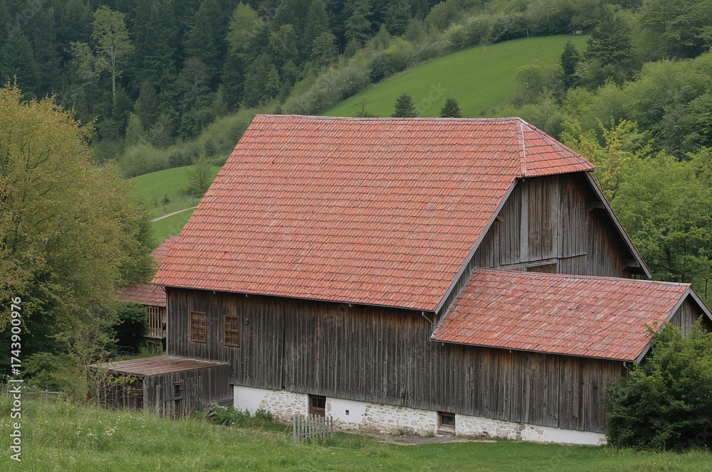 Obraz premium Rustic wooden barn featuring a red tile roof amidst lush green fields and trees in a peaceful rural setting