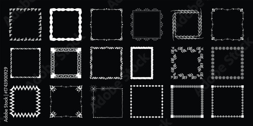 Collection of 24 Decorative Square and Rectangular White Frames on Black Background