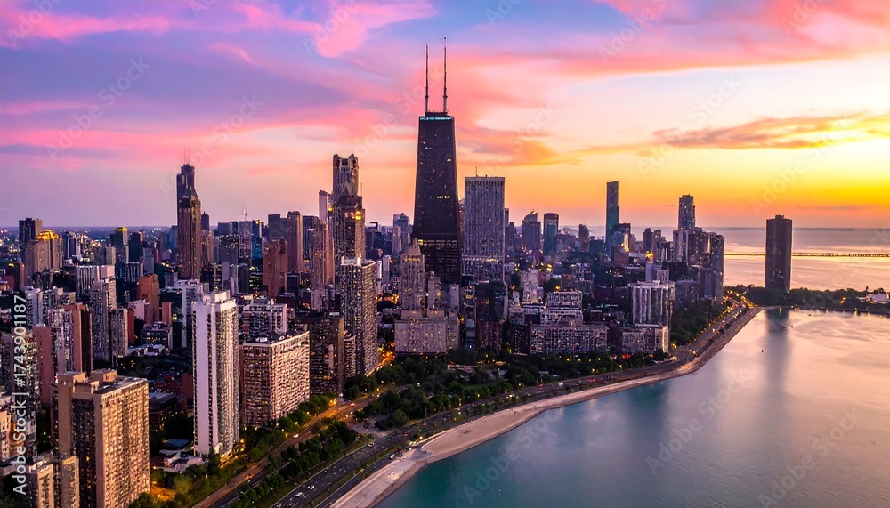 Fototapeta premium Cityscape under a vibrant sunset. Skyline featuring tall buildings and tranquil water below