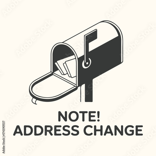 Vector art of retro style illustration of an open mailbox with letters inside, and the text note address change below it, on a light beige background