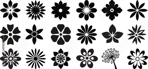 Collection of Black and White Stylized Flower Icons and Silhouettes