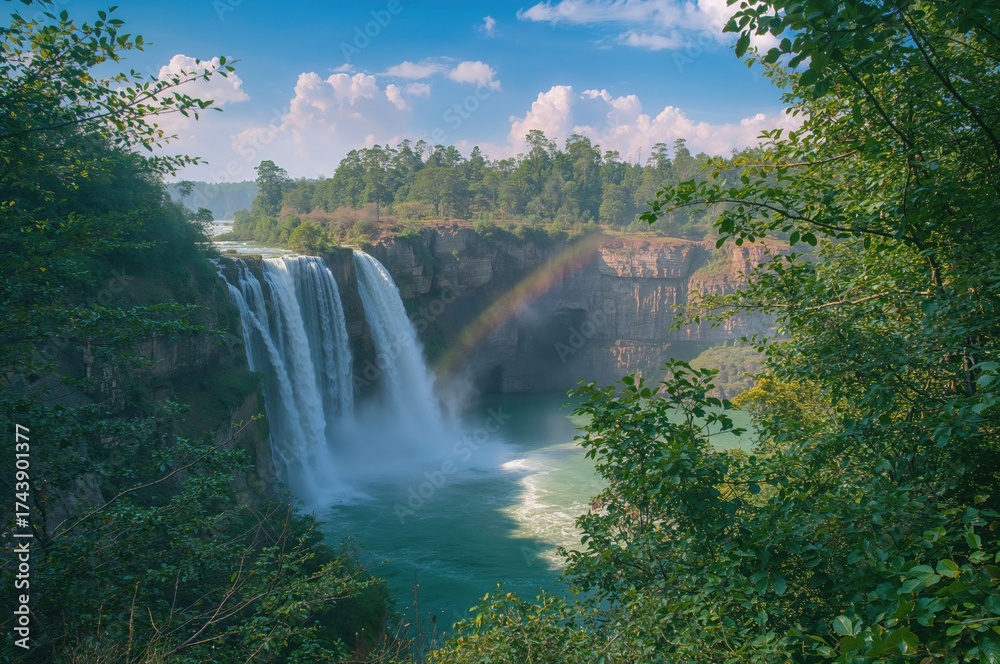 Fototapeta premium Scenic waterfall with lush trees under a clear summer sky