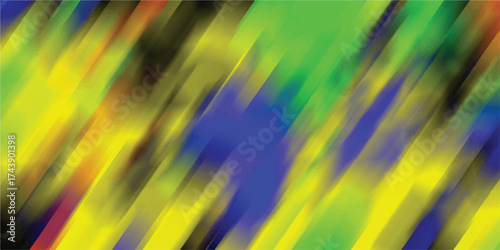 Vibrant diagonal abstract background with blurred streaks of bright green yellow blue and red colors creating a dynamic and energetic motion effect