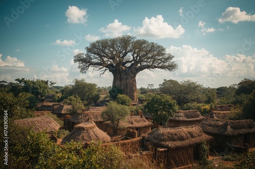 Old village homes set against a backdrop featuring a sacred baobab tree.
