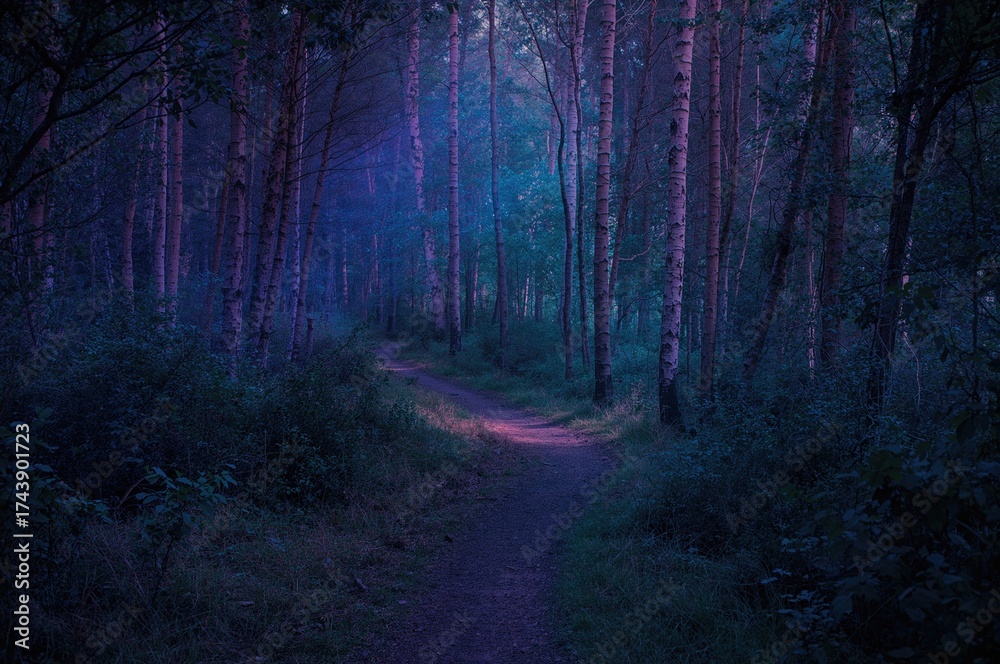 Obraz premium Pathway in a forest glowing with purple and cyan hues, reminiscent of a magical storybook scene