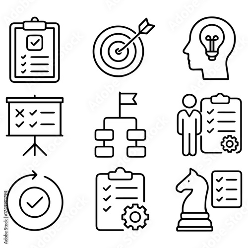 Nine Linear Icons Depicting Project Management Strategies.