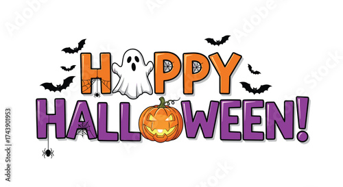A spirited Halloween with this festive and fun graphic featuring a happy ghost, pumpkin, bats, and spiderwebs that captures the magic of the season