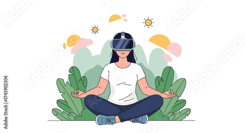 Immersive meditation with virtual reality headset for mindful wellness, a modern approach to relaxation and stress relief in a digital world experience