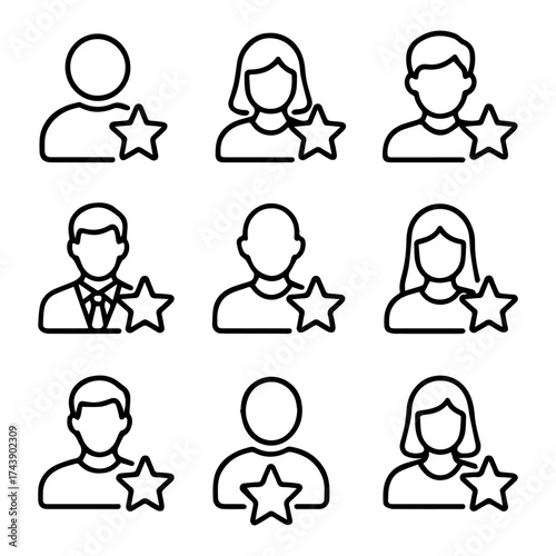 Nine Outline Icons of People Awarded with Stars.