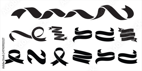Collection of Black Ribbon and Banner Silhouettes on White Background