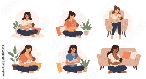 Beautiful mothers breastfeeding their babies in diverse settings, showcasing nurturing love and modern parenting choices for heartwarming lifestyle content