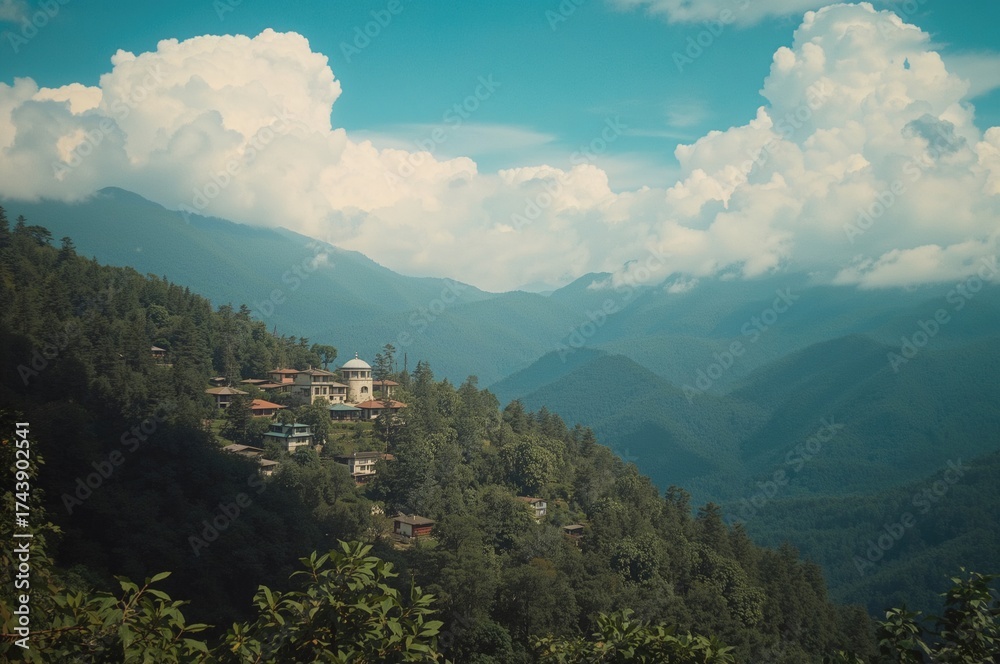 Obraz premium Mountain landscape featuring lush trees in a rural village